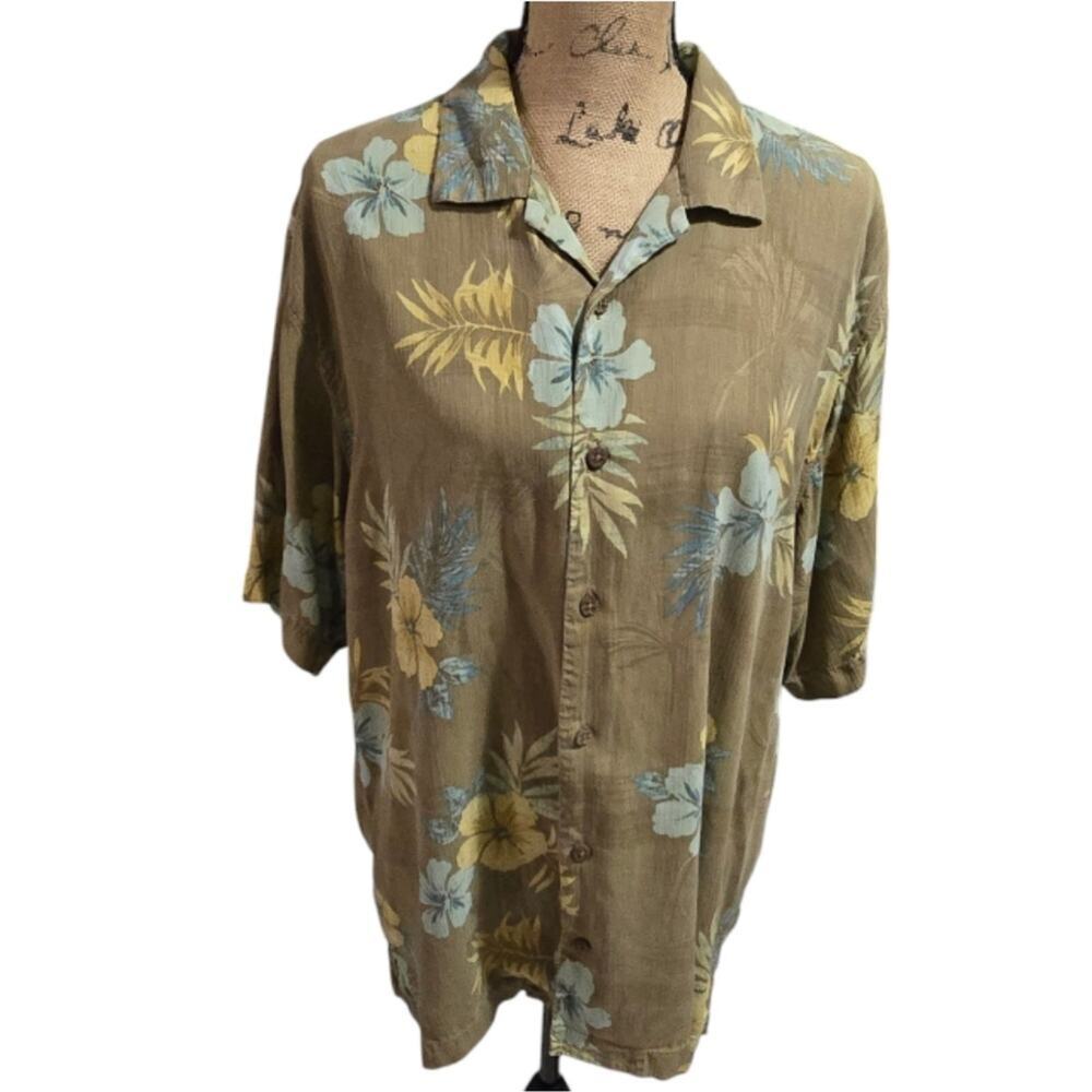 Tommy Bahama‎ Tan & Blue Floral Print 100% Silk Men's Shirt Green Size Medium